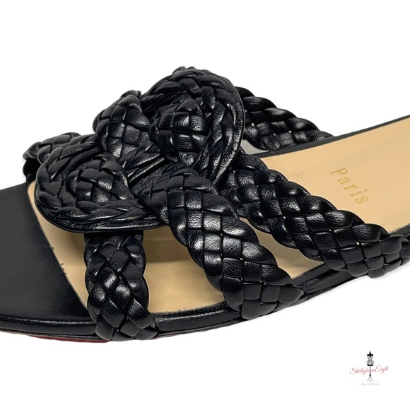 CHRISTIAN LOUBOUTIN Marilla Flats Woven Leather Slides Sandals Red Soles 38.5 - Picture 10 of 15